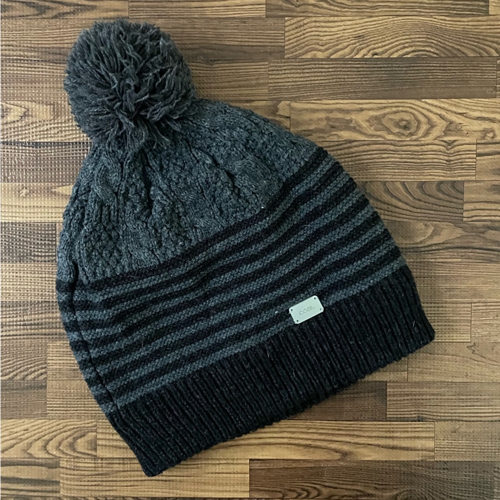 Coal Gray and Black Striped Fleece Lined Knit Beanie with Pom